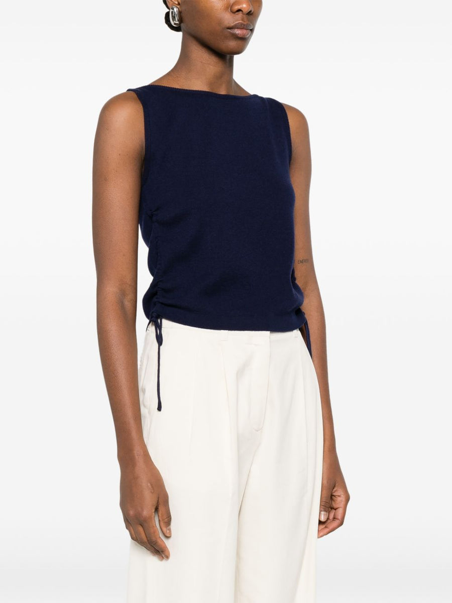 Dunst Navy Sleeveless Top With Drawstring Boat Neck