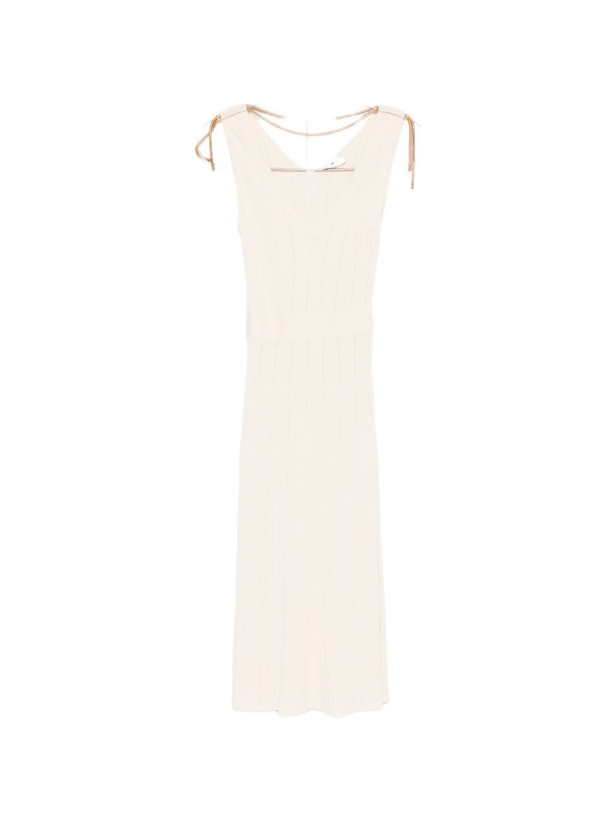 Elisabetta Franchi V-Neck Sleeveless A-Line Knitted Midi Dress White Ribbed Knit Luxury For Modern Women