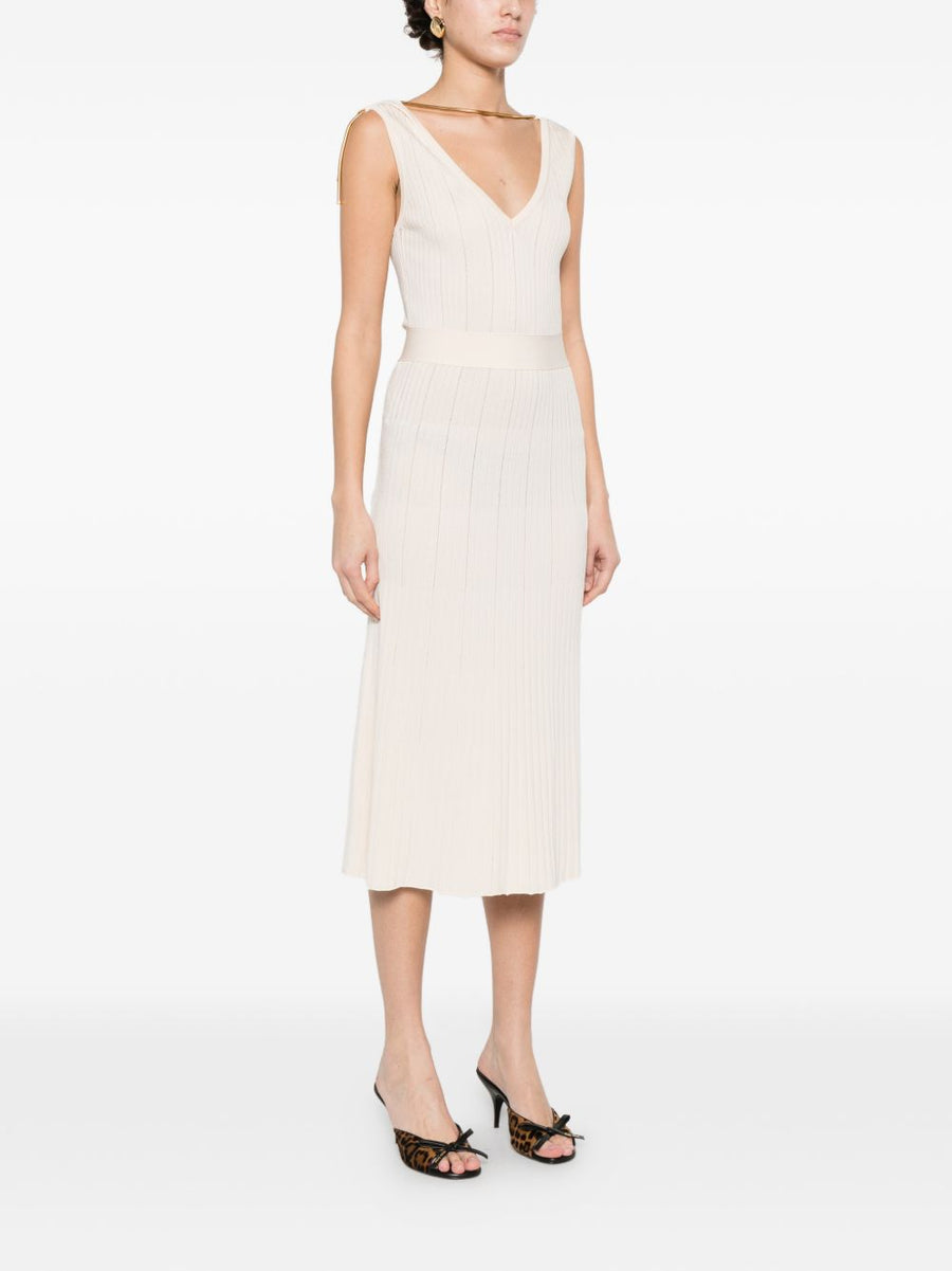 Elisabetta Franchi V-Neck Sleeveless A-Line Knitted Midi Dress White Ribbed Knit Luxury For Modern Women