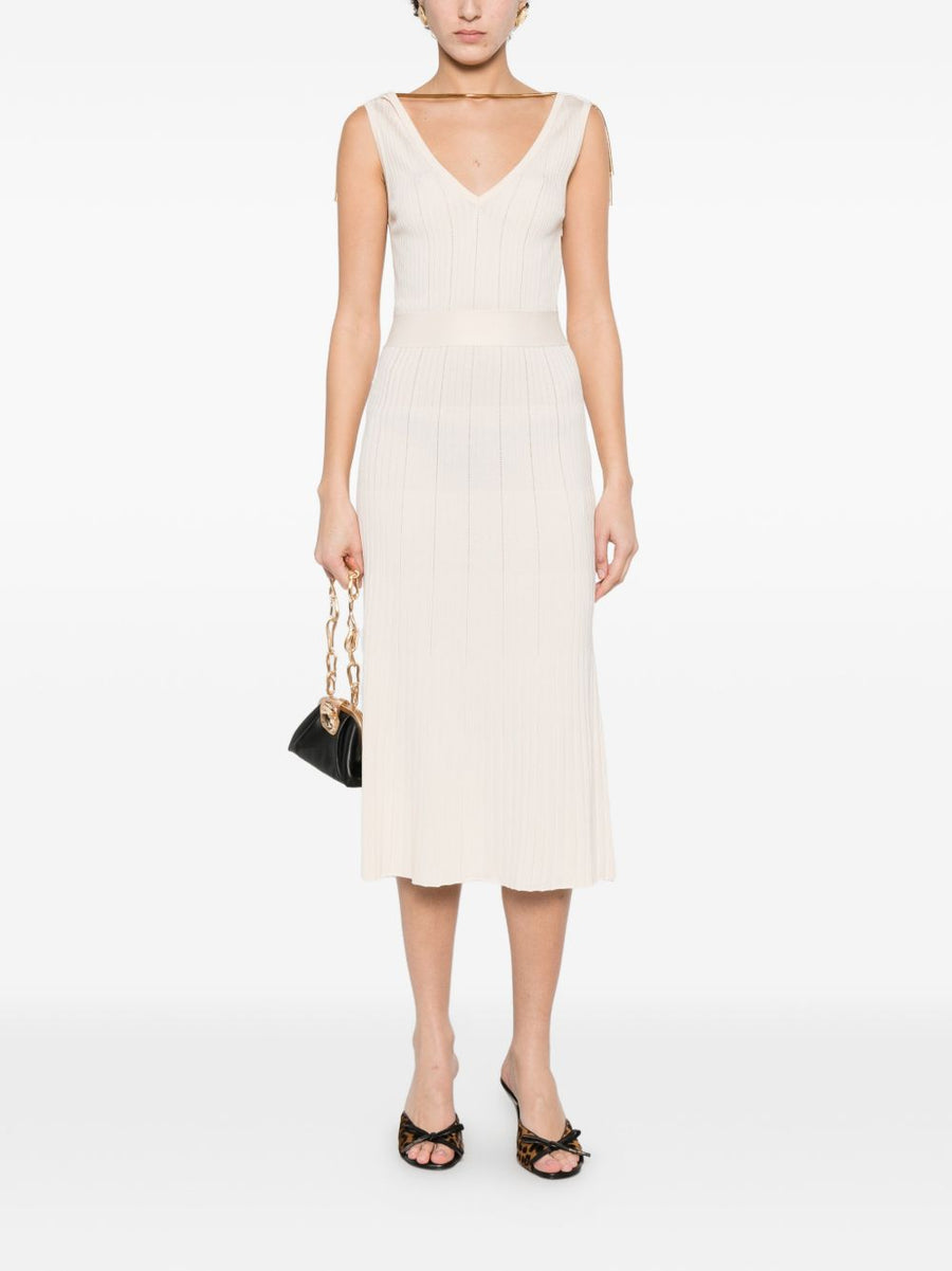 Elisabetta Franchi V-Neck Sleeveless A-Line Knitted Midi Dress White Ribbed Knit Luxury For Modern Women