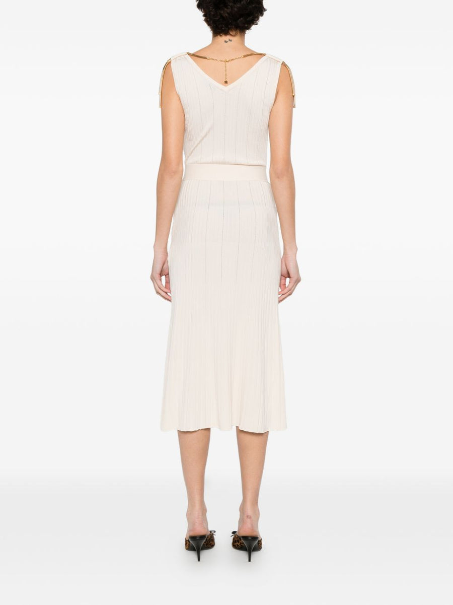 Elisabetta Franchi V-Neck Sleeveless A-Line Knitted Midi Dress White Ribbed Knit Luxury For Modern Women