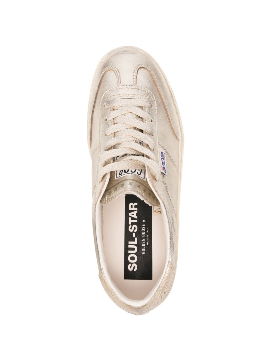 Golden Goose Soul Star Sneakers Silver Metallic Logo Lace Up Flat Sole