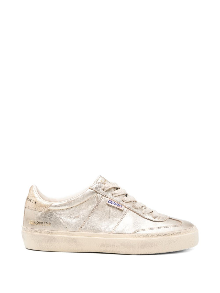 Golden Goose Soul Star Sneakers Silver Metallic Logo Lace Up Flat Sole