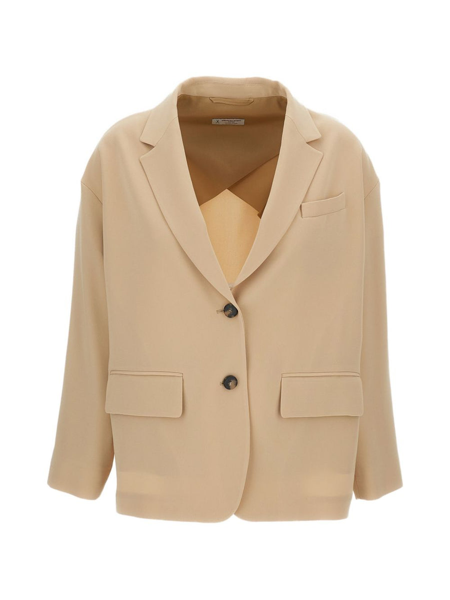 Alberto Biani Cady Jacket For Women Beige Two Button V Neck Luxurious Tailored Blazer With Front Pockets