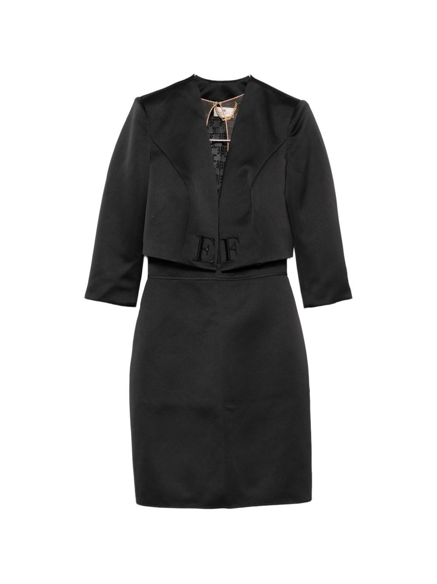 Elisabetta Franchi Black Applique Midi Dress With Short Sleeves Back Zip