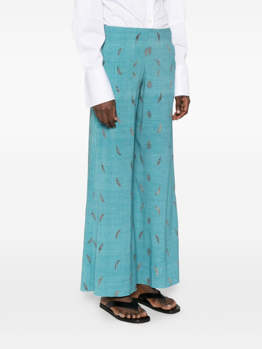 Pierre Louis Mascia Printed Silk Trousers For Women Wide-Leg Light Blue Print Luxurious Stretch Silk