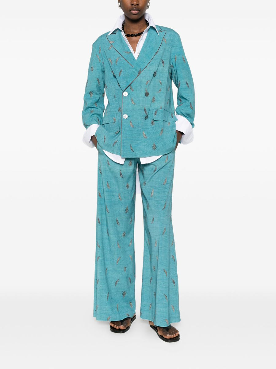 Pierre Louis Mascia Printed Silk Trousers For Women Wide-Leg Light Blue Print Luxurious Stretch Silk
