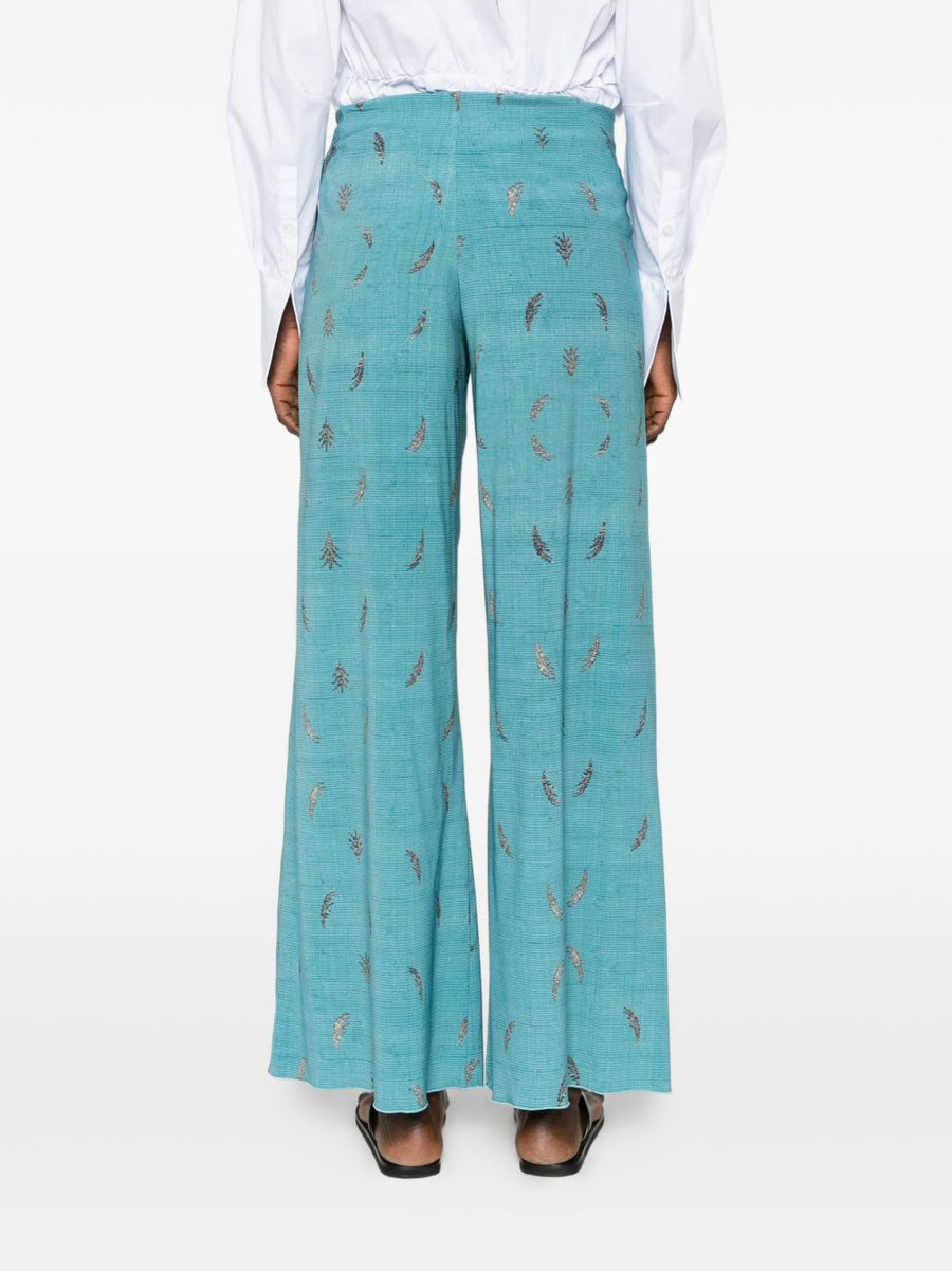 Pierre Louis Mascia Printed Silk Trousers For Women Wide-Leg Light Blue Print Luxurious Stretch Silk