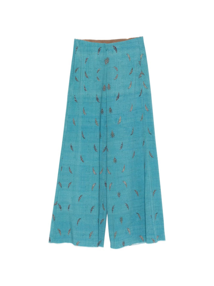 Pierre Louis Mascia Printed Silk Trousers For Women Wide-Leg Light Blue Print Luxurious Stretch Silk