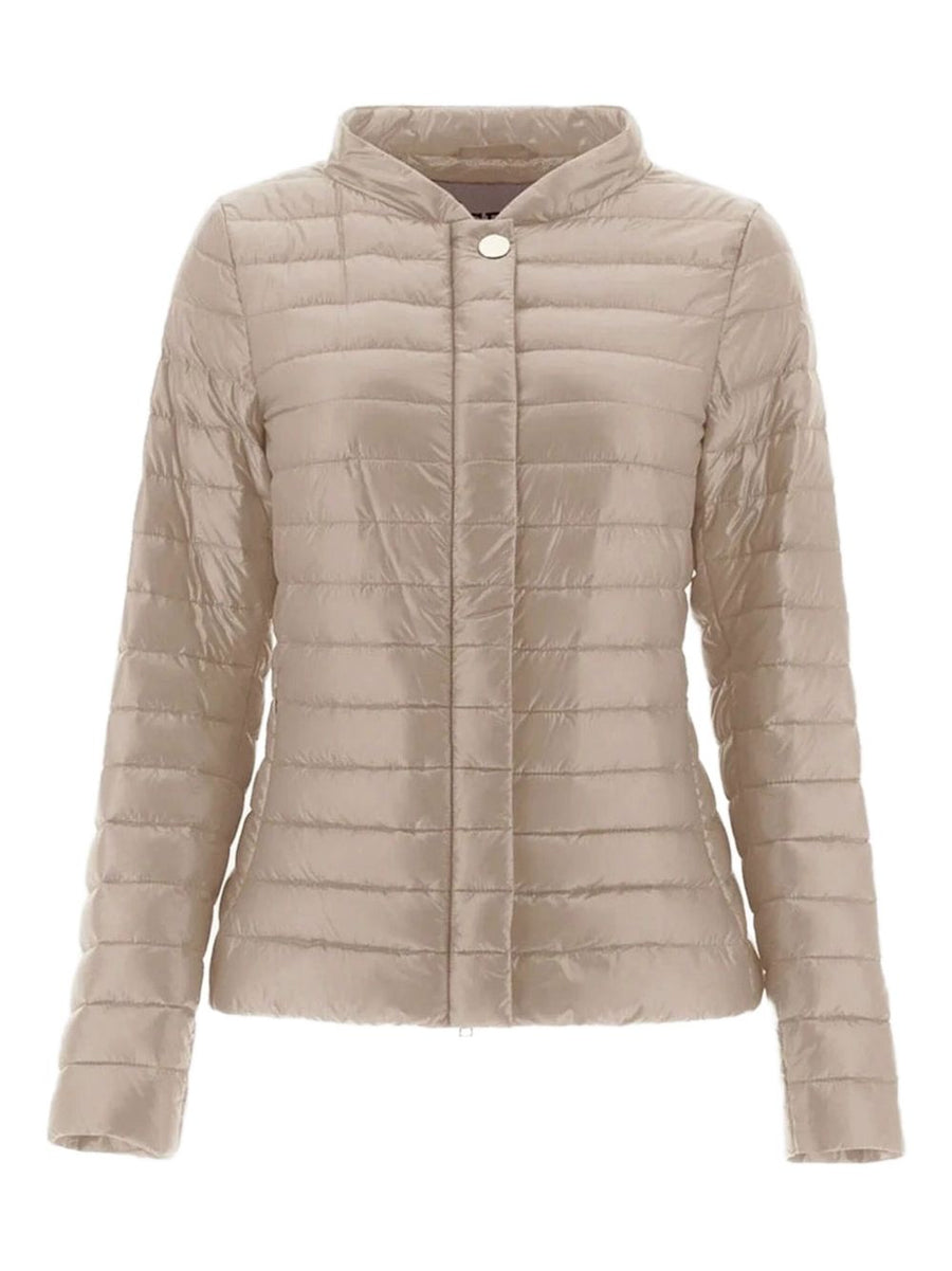 Herno Nylon Short Down Jacket For Women Warm Without Bulk Taupe Grey Concealed Closure
