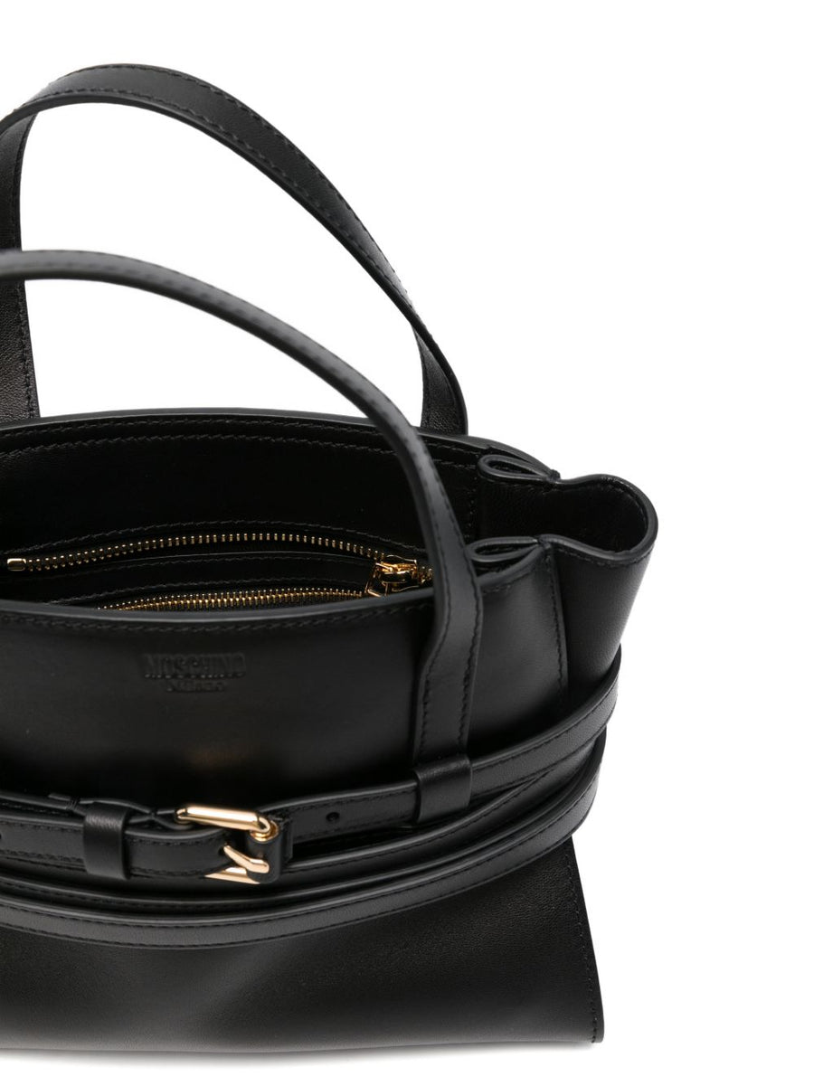 Moschino Tie Me Small Leather Handbag For Women Compact Zip Closure Black Calf Leather Detachable Strap