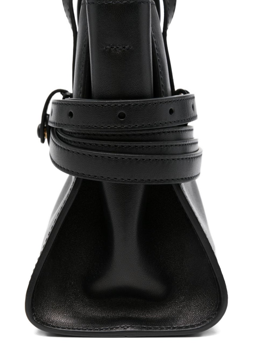 Moschino Tie Me Small Leather Handbag For Women Compact Zip Closure Black Calf Leather Detachable Strap