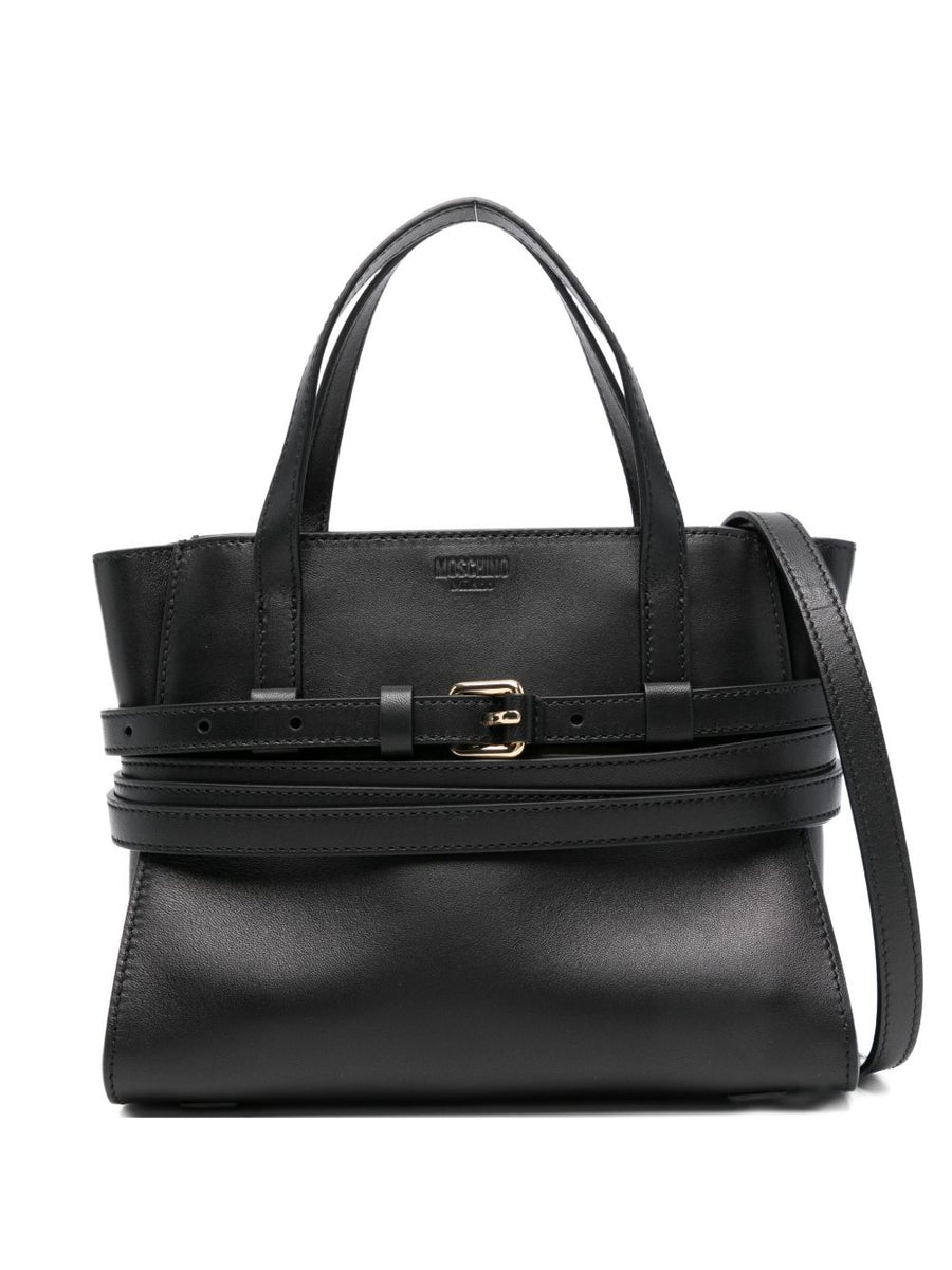 Moschino Tie Me Small Leather Handbag For Women Compact Zip Closure Black Calf Leather Detachable Strap