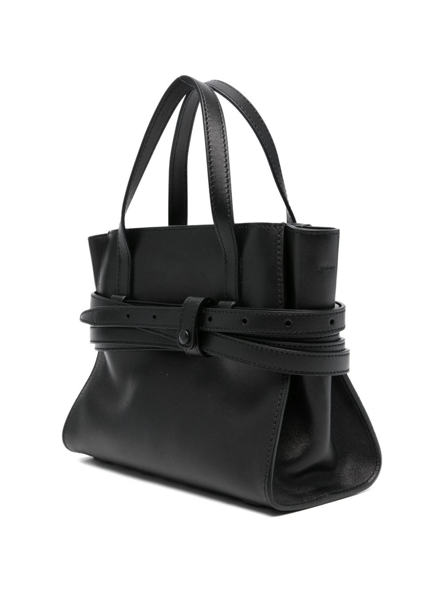 Moschino Tie Me Small Leather Handbag For Women Compact Zip Closure Black Calf Leather Detachable Strap