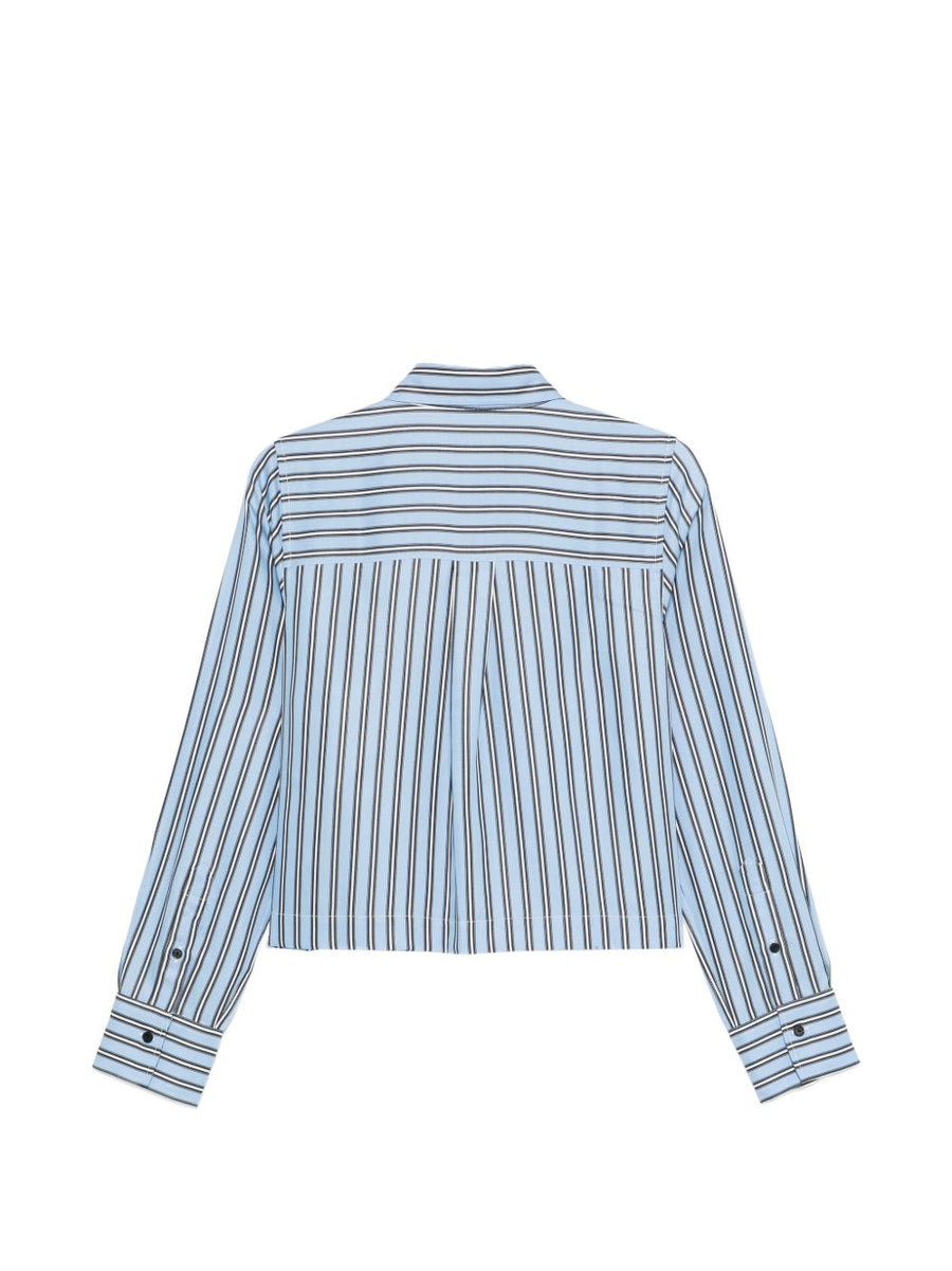 Closed Cropped Shirt For Women Lightweight Lyocell Blue Striped With Chest Pocket