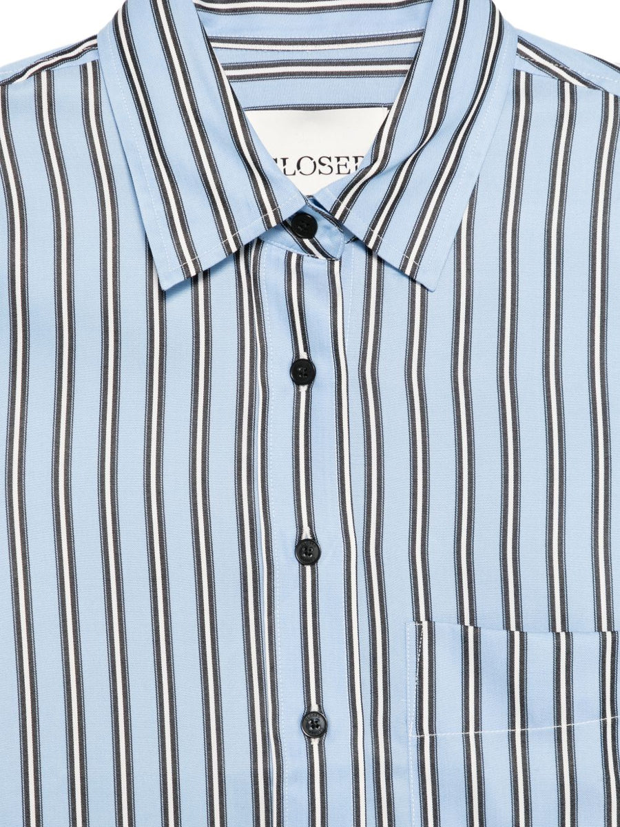 Closed Cropped Shirt For Women Lightweight Lyocell Blue Striped With Chest Pocket