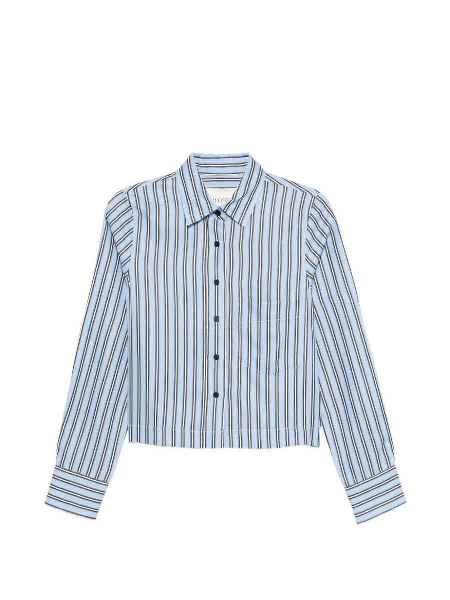 Closed Cropped Shirt For Women Lightweight Lyocell Blue Striped With Chest Pocket