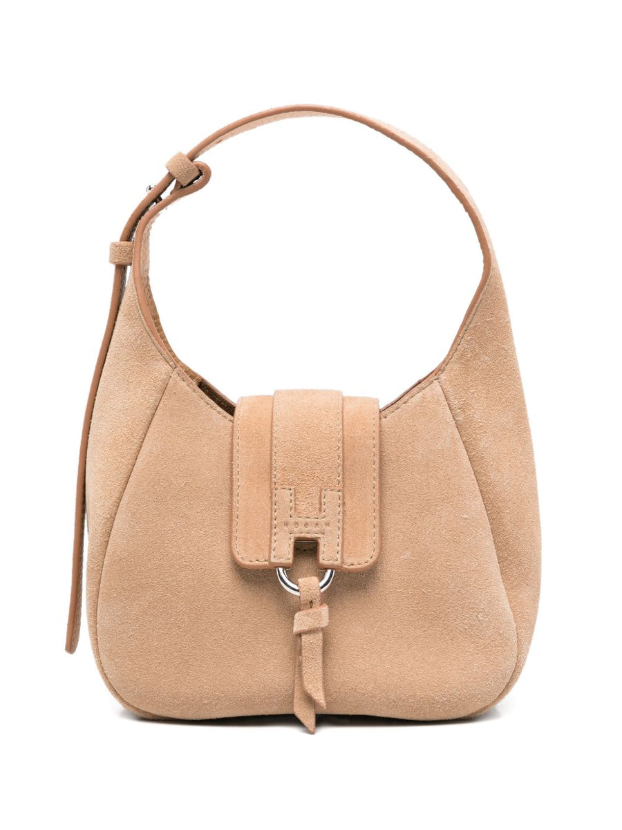Hogan Trend Beige Hobo Bag For Women With Calf Leather Top Handle Ring Detail, Compact Everyday Crossbody