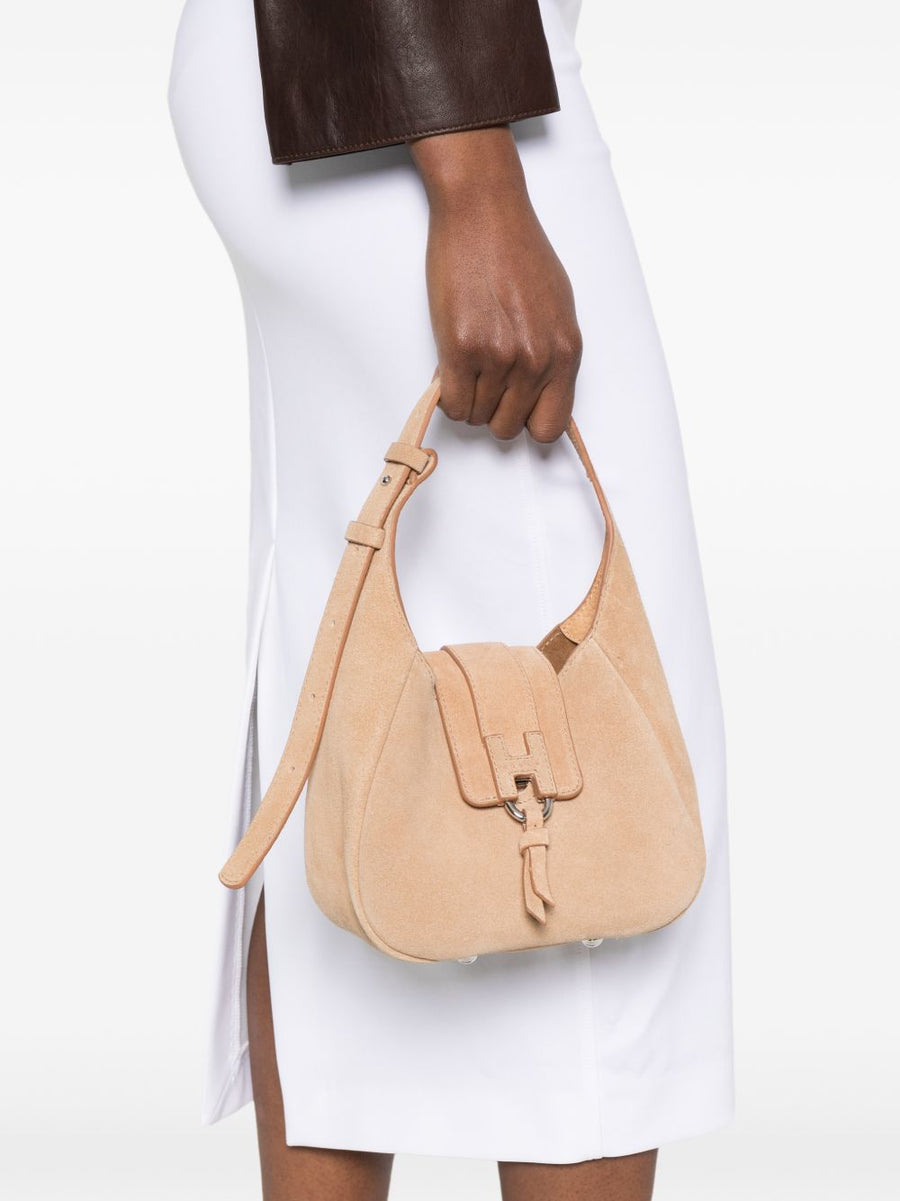 Hogan Trend Beige Hobo Bag For Women With Calf Leather Top Handle Ring Detail, Compact Everyday Crossbody