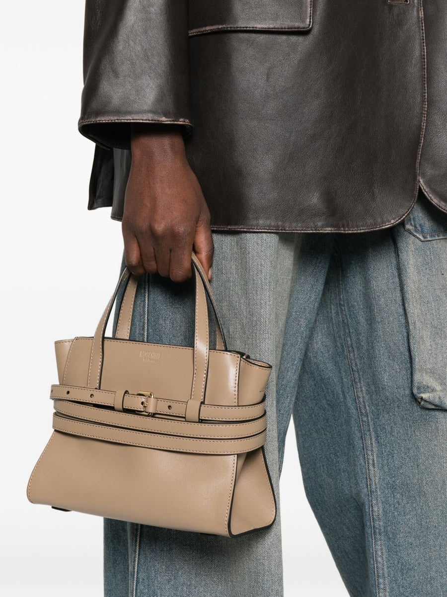 Moschino Tie Me Small Leather Handbag For Women Beige Calf Leather With Versatile Top Handle And Detachable Strap