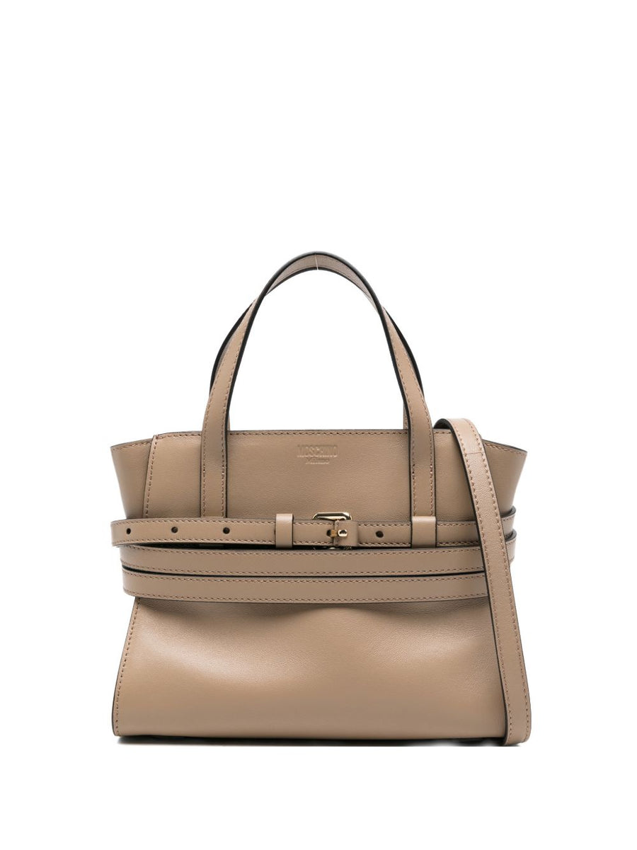 Moschino Tie Me Small Leather Handbag For Women Beige Calf Leather With Versatile Top Handle And Detachable Strap