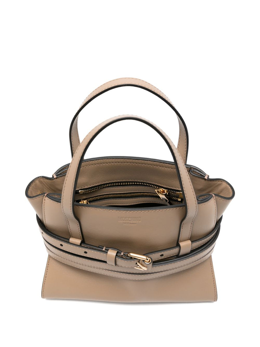 Moschino Tie Me Small Leather Handbag For Women Beige Calf Leather With Versatile Top Handle And Detachable Strap
