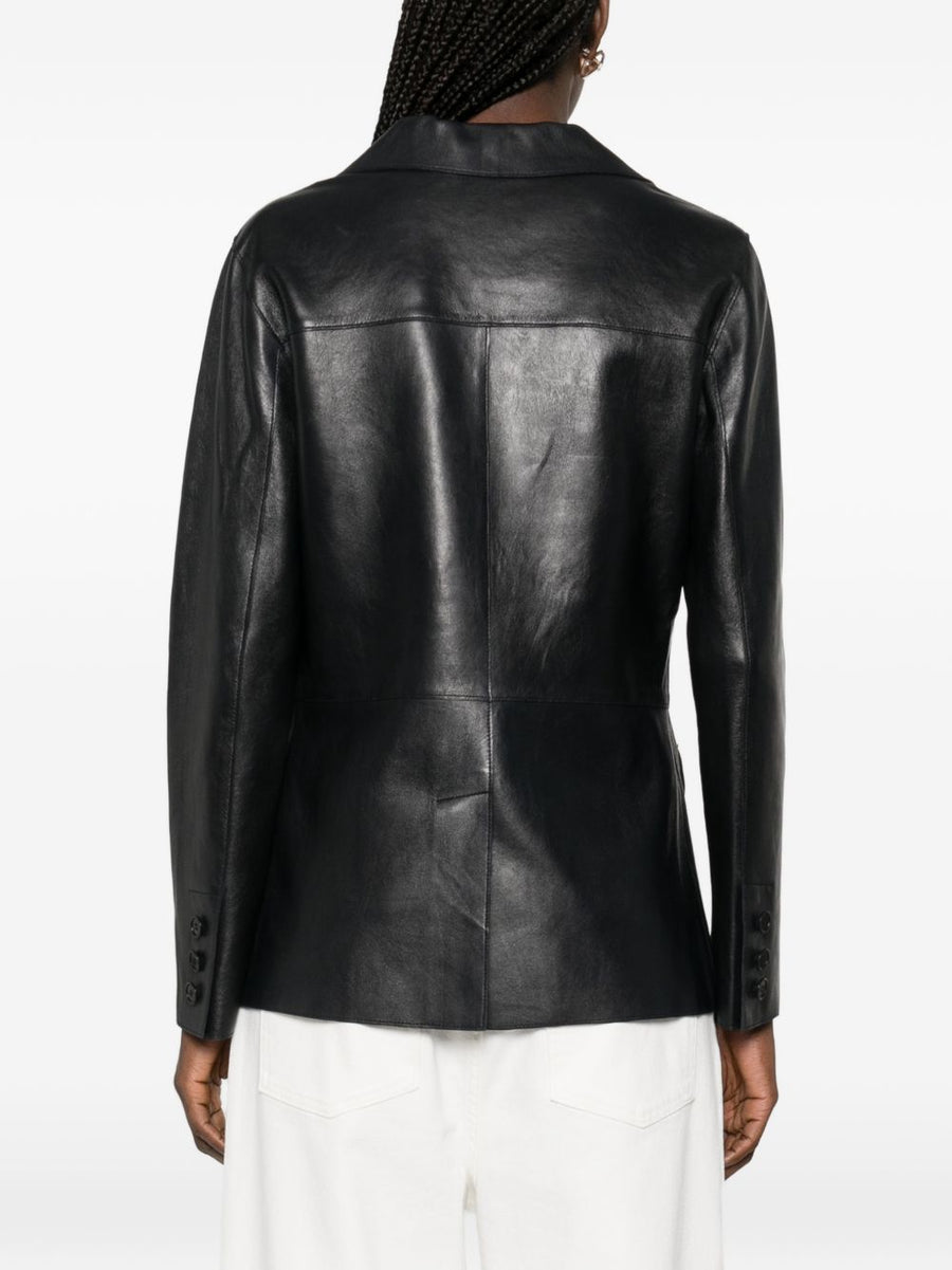 Parosh Leather Jacket For Women Navy Lambskin With Stretch Versatile Polished Career Wear
