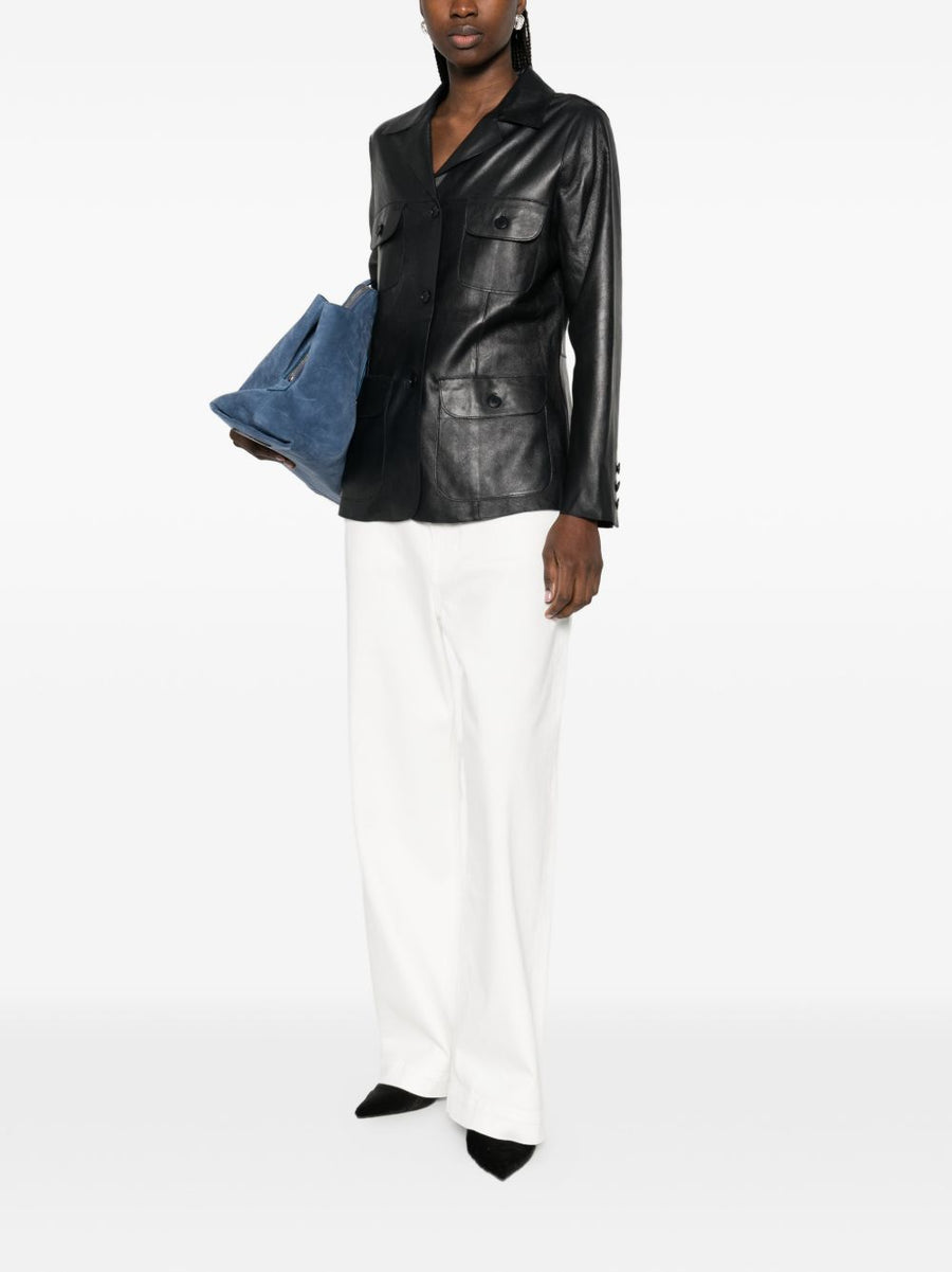 Parosh Leather Jacket For Women Navy Lambskin With Stretch Versatile Polished Career Wear