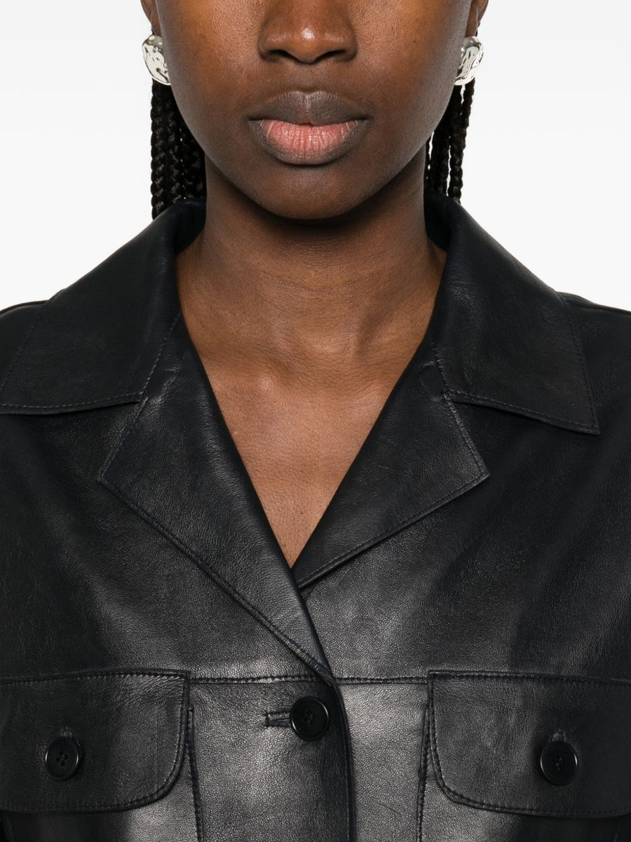 Parosh Leather Jacket For Women Navy Lambskin With Stretch Versatile Polished Career Wear