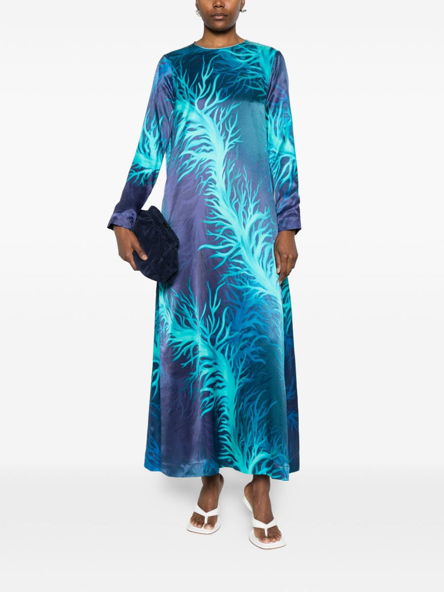 FRS Printed Silk Dress Navy Blue Round Neck Long Sleeve For Women Versatile Day To Night