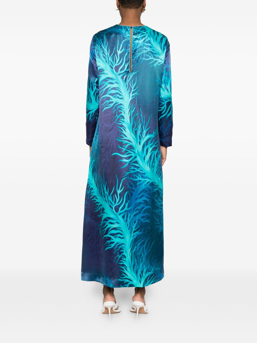 FRS Printed Silk Dress Navy Blue Round Neck Long Sleeve For Women Versatile Day To Night