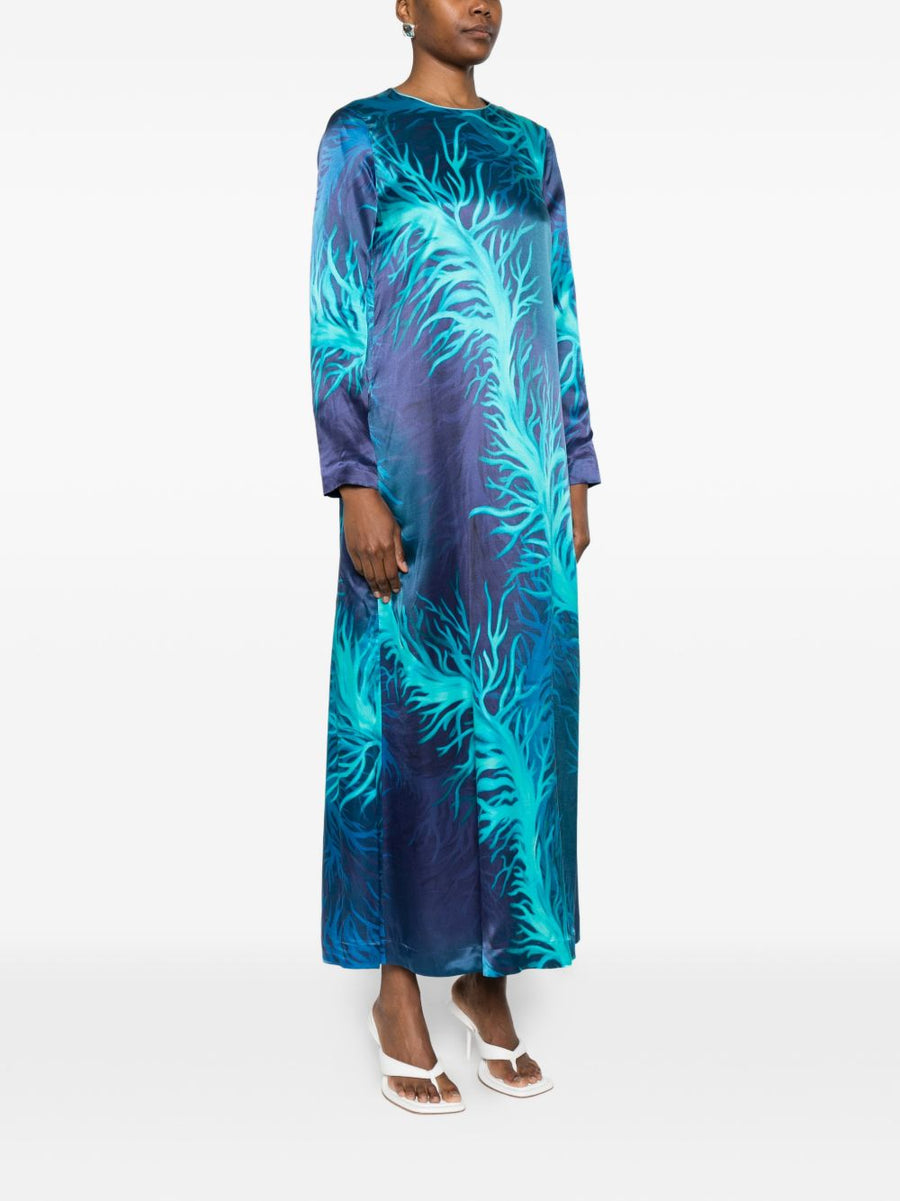 FRS Printed Silk Dress Navy Blue Round Neck Long Sleeve For Women Versatile Day To Night
