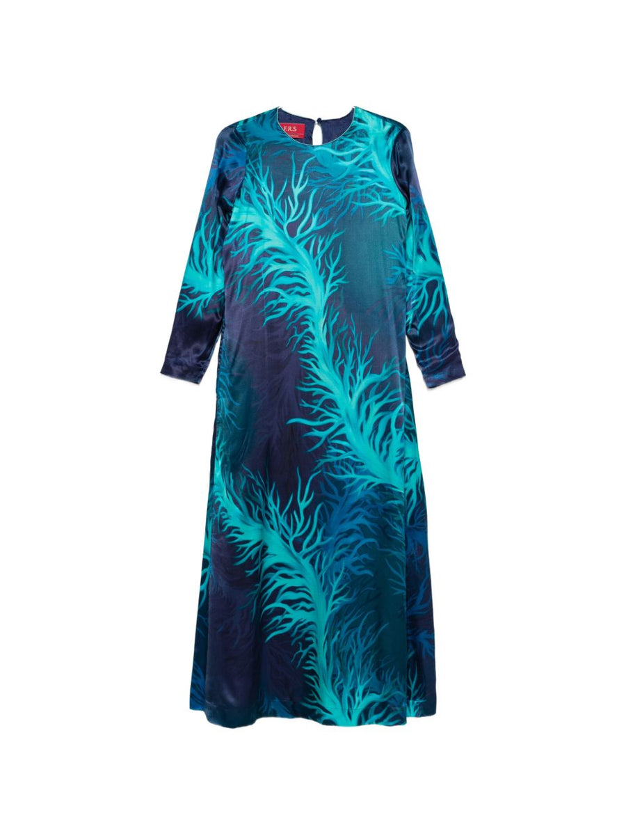 FRS Printed Silk Dress Navy Blue Round Neck Long Sleeve For Women Versatile Day To Night