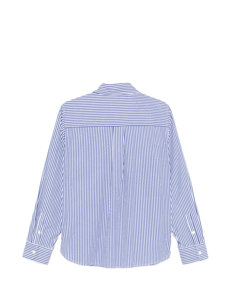 Parosh Striped Cotton Shirt For Women Breathable Royal Blue Long Sleeve Button Front Chest Pocket Versatile Workwear