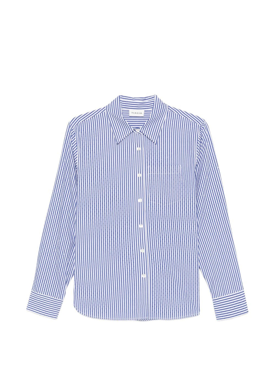 Parosh Striped Cotton Shirt For Women Breathable Royal Blue Long Sleeve Button Front Chest Pocket Versatile Workwear