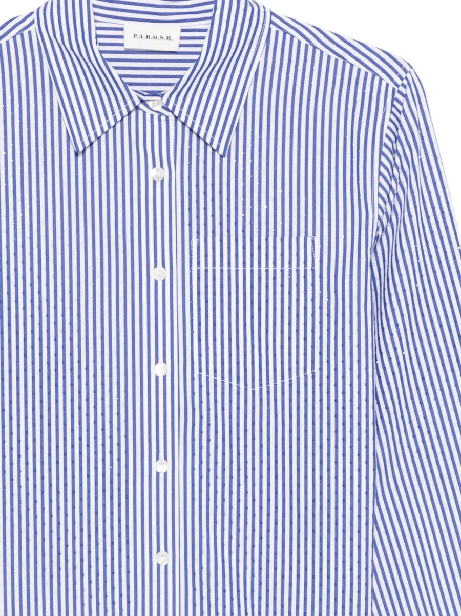 Parosh Striped Cotton Shirt For Women Breathable Royal Blue Long Sleeve Button Front Chest Pocket Versatile Workwear