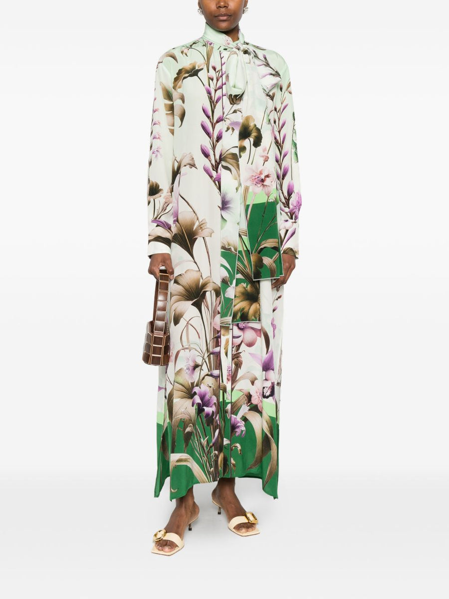 Green Floral Print Silk Dress With Button Front Long Sleeves