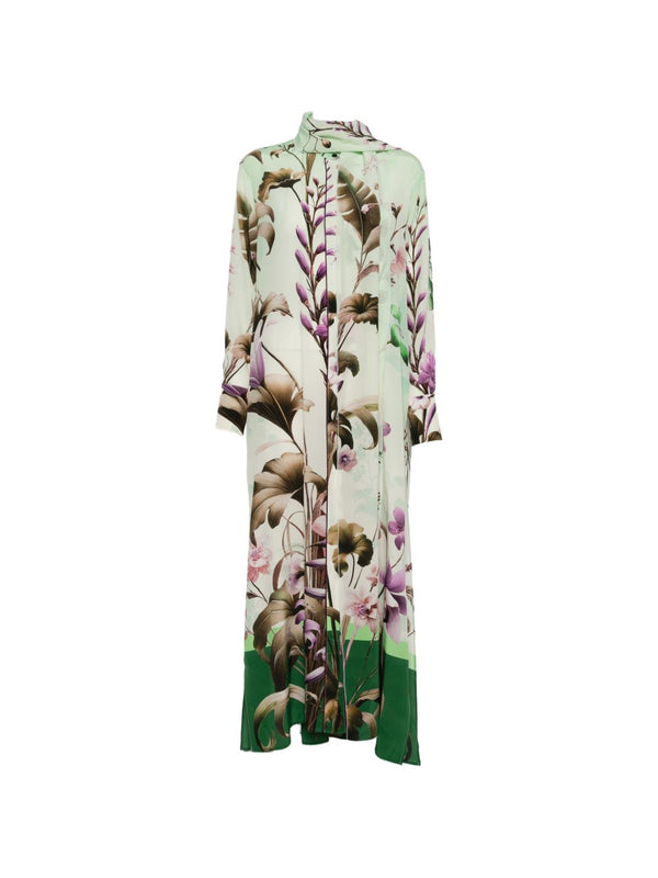 Green Floral Print Silk Dress With Button Front Long Sleeves
