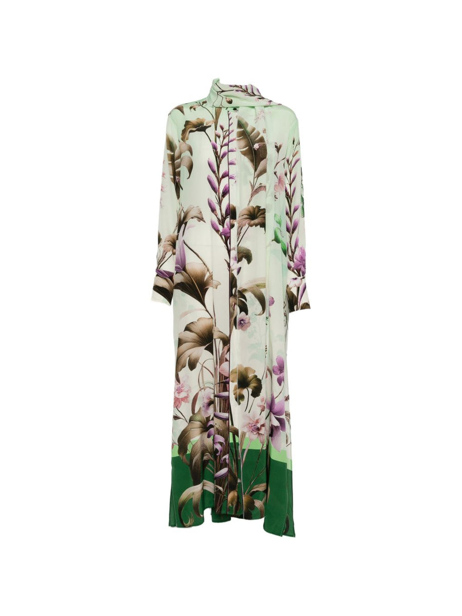 Green Floral Print Silk Dress With Button Front Long Sleeves