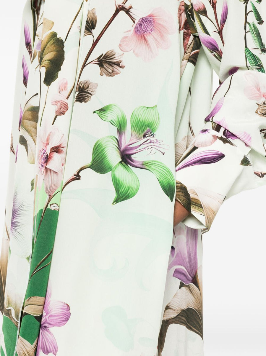 Green Floral Print Silk Dress With Button Front Long Sleeves