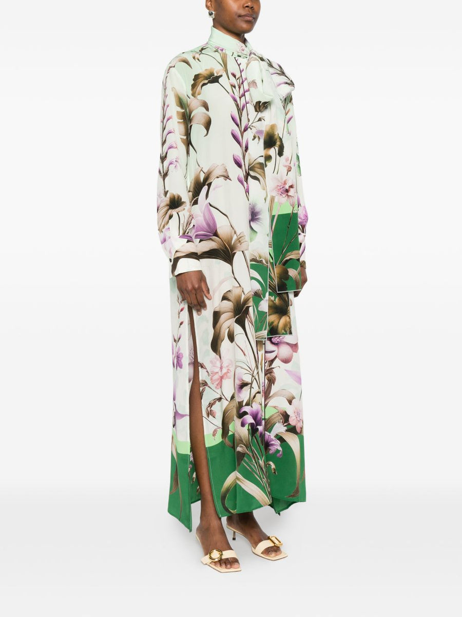 Green Floral Print Silk Dress With Button Front Long Sleeves