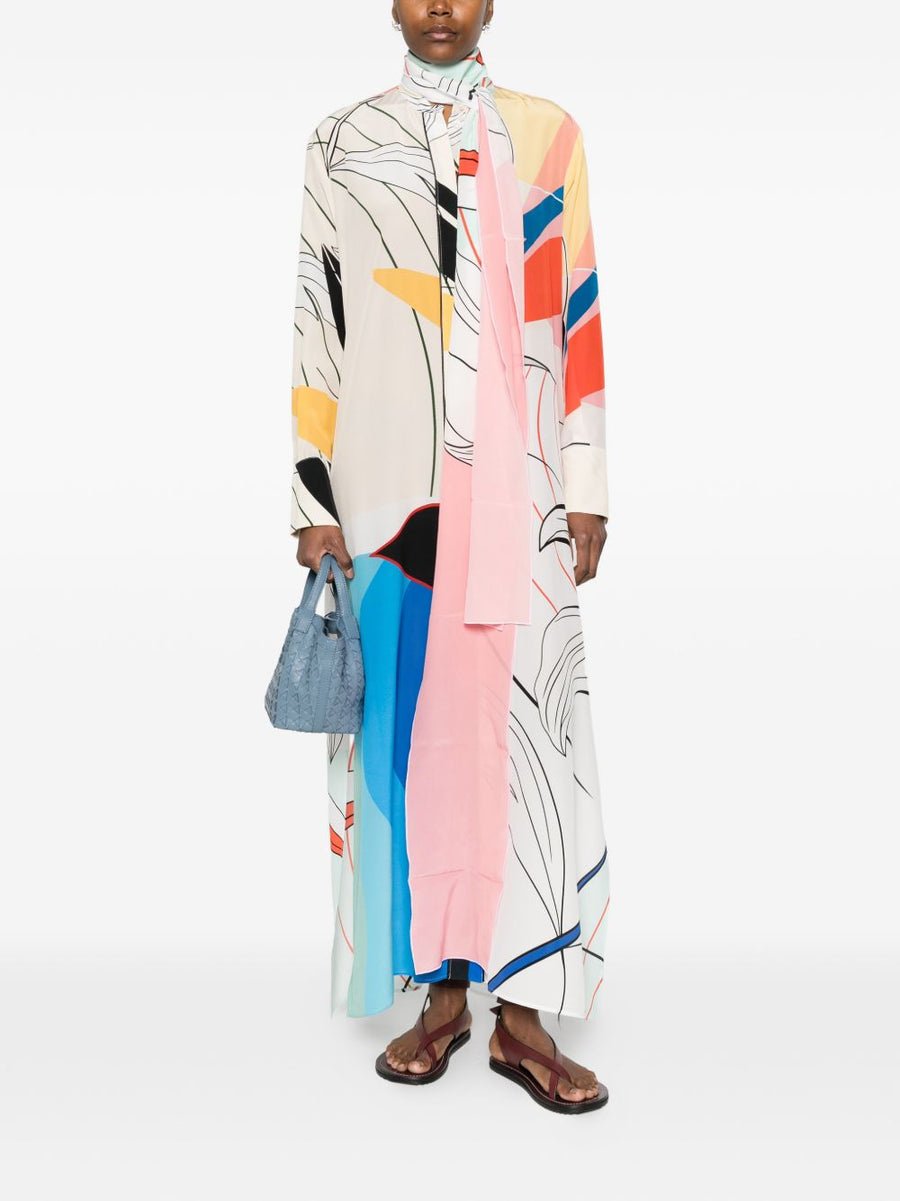 F.R.S Printed Silk Maxi Dress For Women With Multicolor Allover Print In White Base For Elegant Resort Wear Long Sleeves