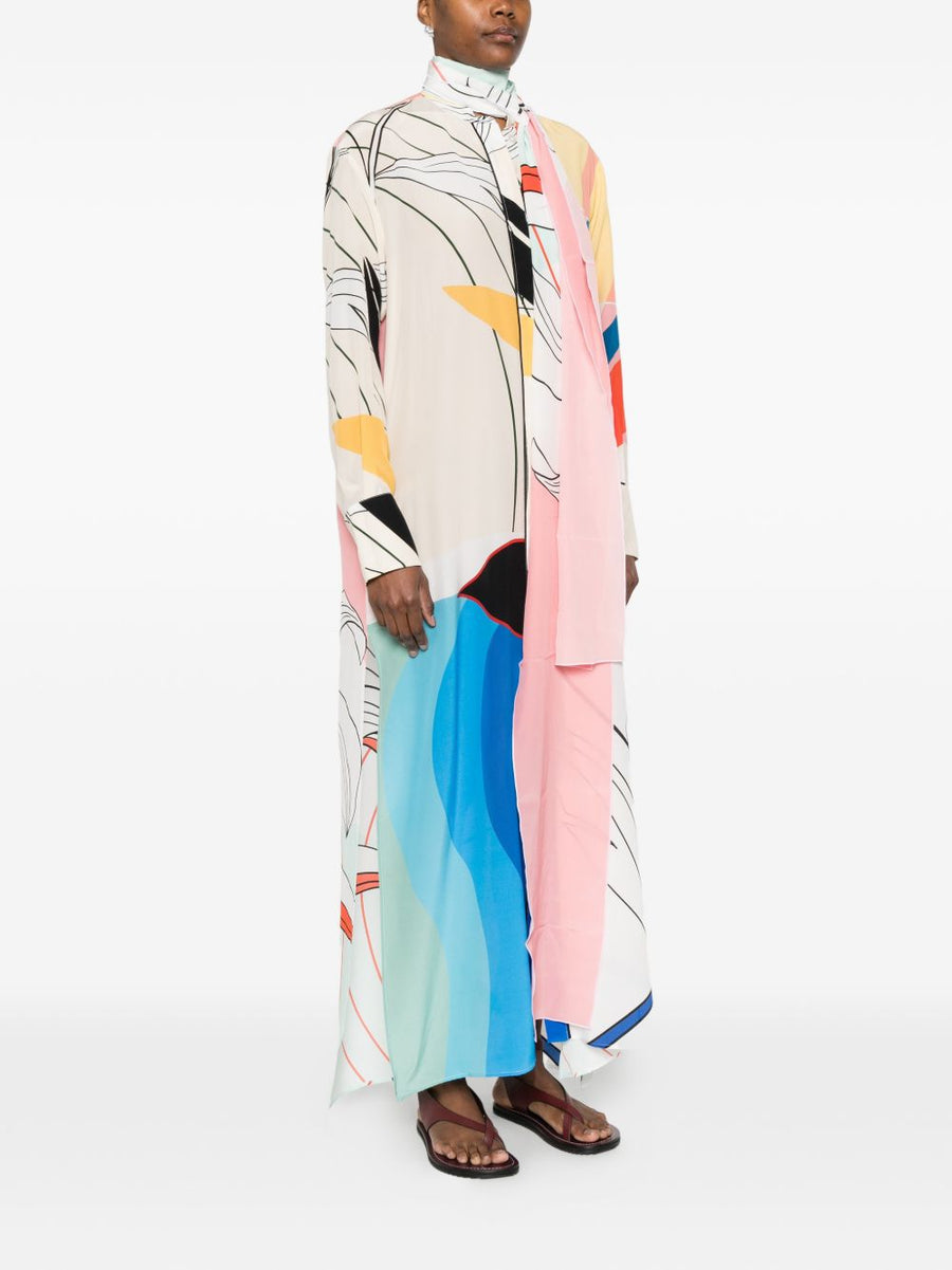 F.R.S Printed Silk Maxi Dress For Women With Multicolor Allover Print In White Base For Elegant Resort Wear Long Sleeves