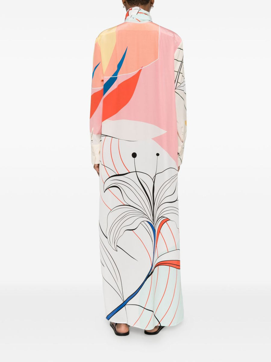 F.R.S Printed Silk Maxi Dress For Women With Multicolor Allover Print In White Base For Elegant Resort Wear Long Sleeves