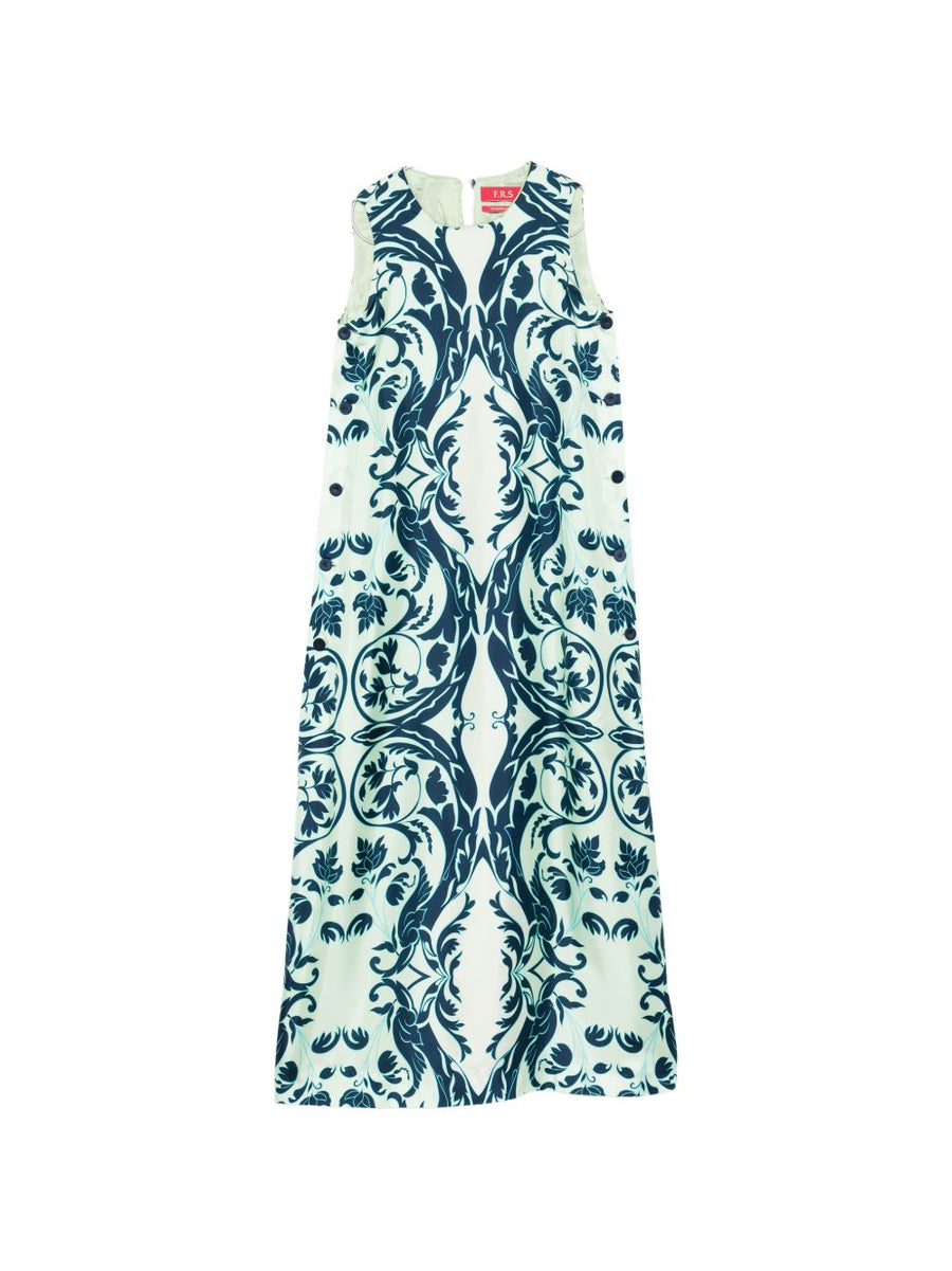 FRS Navy Silk Floral Print Sleeveless Dress Button Front
