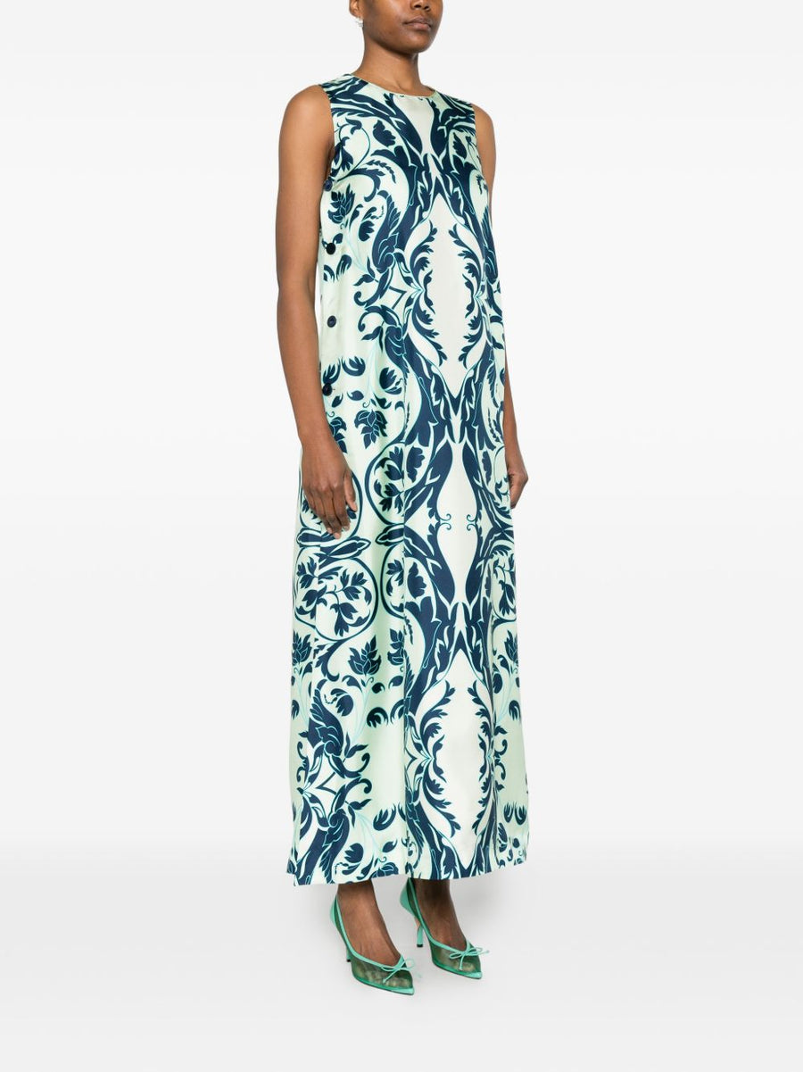 FRS Navy Silk Floral Print Sleeveless Dress Button Front