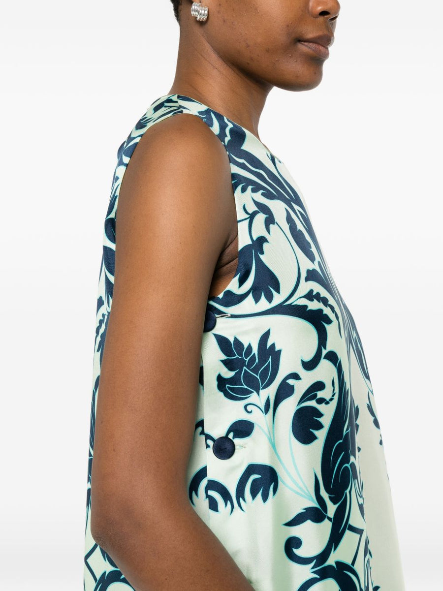 FRS Navy Silk Floral Print Sleeveless Dress Button Front