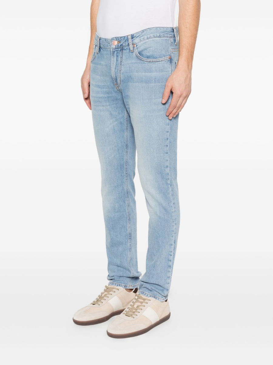Emporio Armani Mens Premium Navy Stretch Denim Jeans With Tailored Fit And Logo Patch