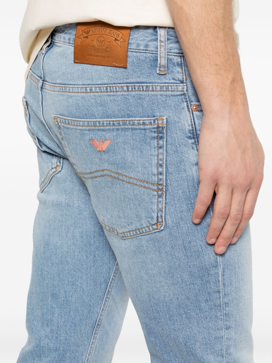 Emporio Armani Mens Premium Navy Stretch Denim Jeans With Tailored Fit And Logo Patch
