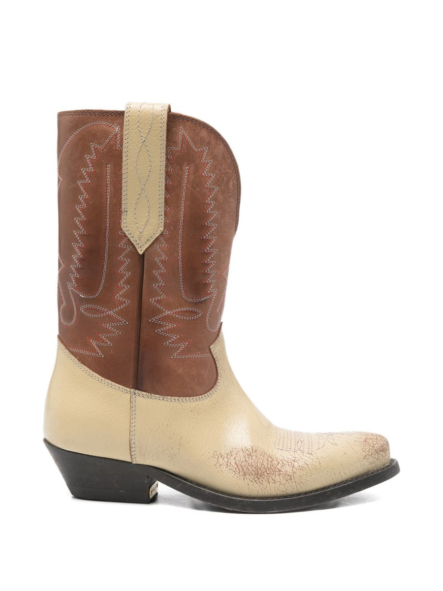 Golden Goose Wish Star Boots For Women Calf Leather Ecru With Embroidered Pull Tab Pointed Toe Luxury